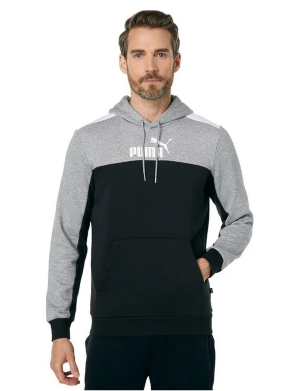 Men's Puma Cotton Black & Gray Color-block Essential Pullover Hoodie NWT